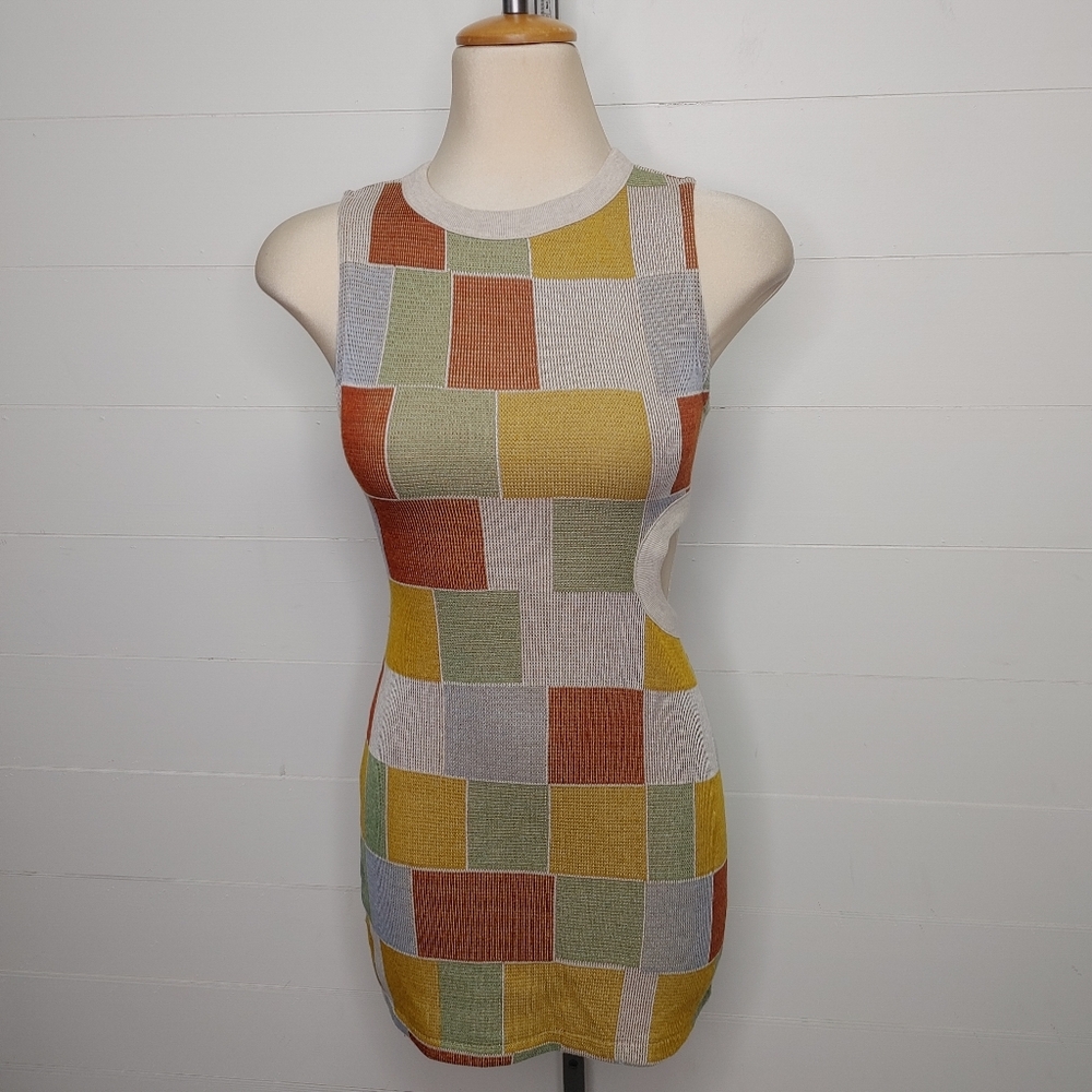 Zara Multicolor Patchwork Cutout Mini Dress — Sage, Mustard, Rust, Sky - Picture 5 of 16